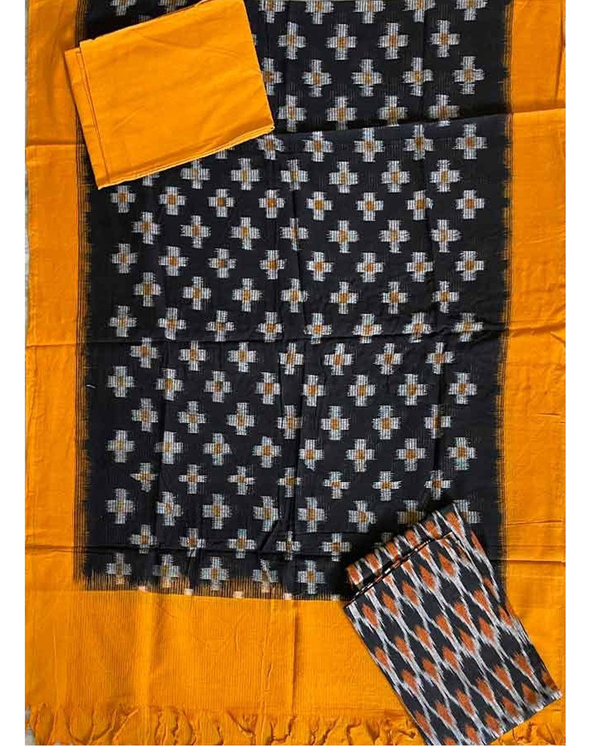 DOUBLE IKAT COTTON BLACK WITH YELLOW COLOR DRESS MATERIAL-B50 - pochampallysarees.com