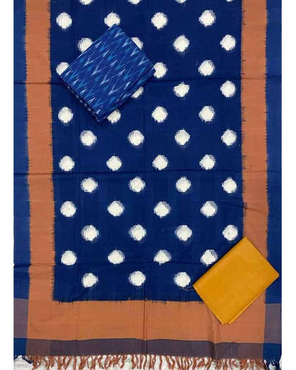 DOUBLE IKAT COTTON BLUE WITH BROWN COLOR DRESS MATERIAL -C16 - pochampallysarees.com