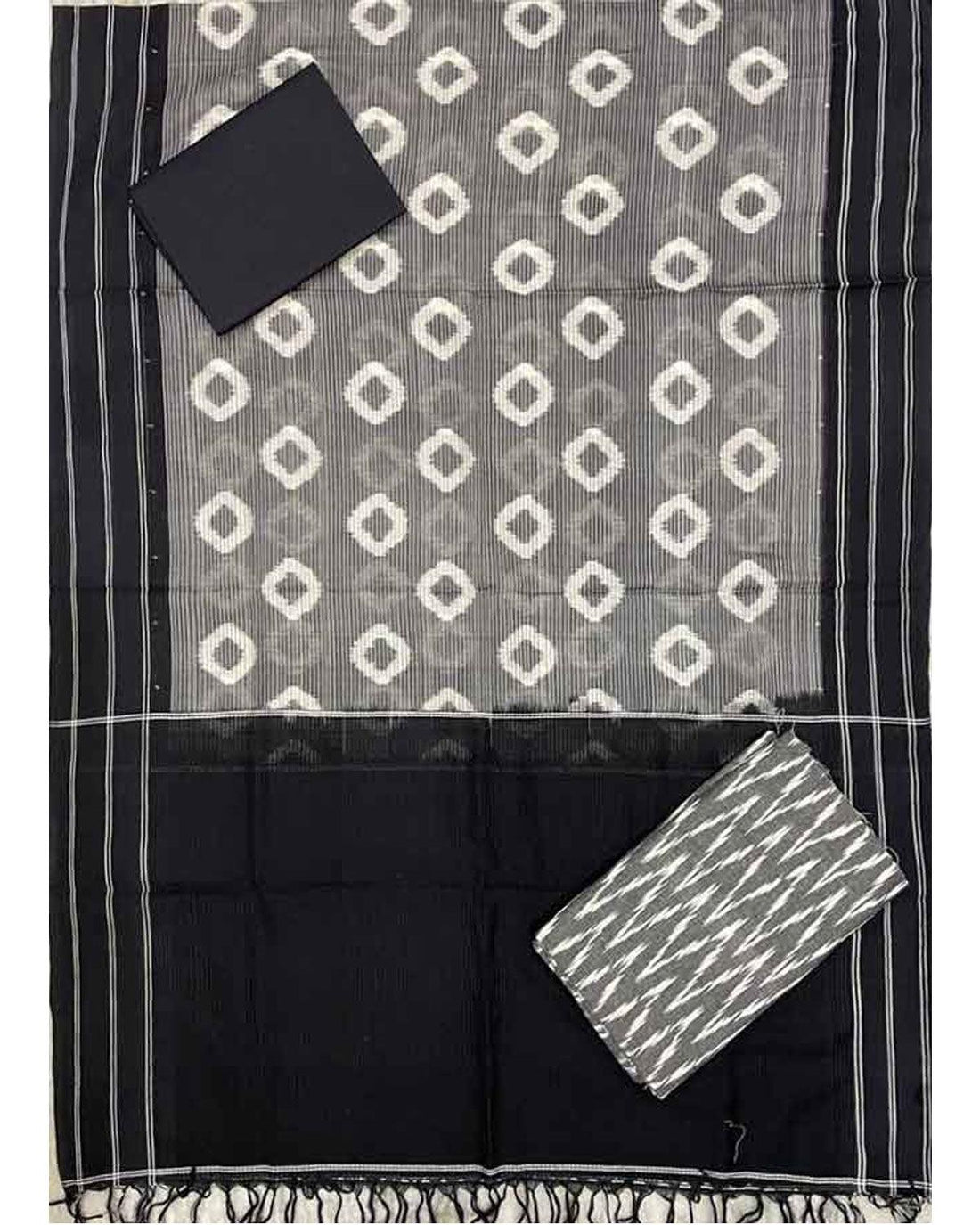 DOUBLE IKAT COTTON GRAY WITH BLACK COLOR DRESS MATERIAL -C58 - pochampallysarees.com