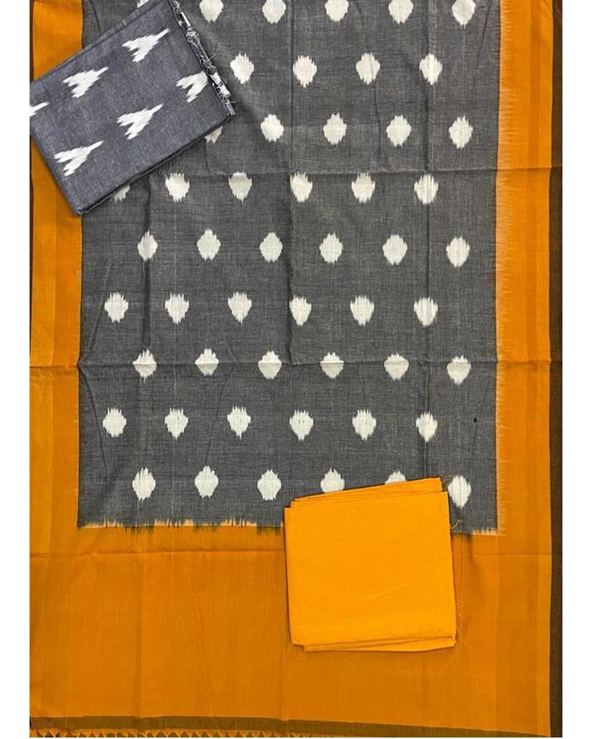 DOUBLE IKAT GRAY WITH YELLOW COLOR DRESS MATERIAL-B8 - pochampallysarees.com