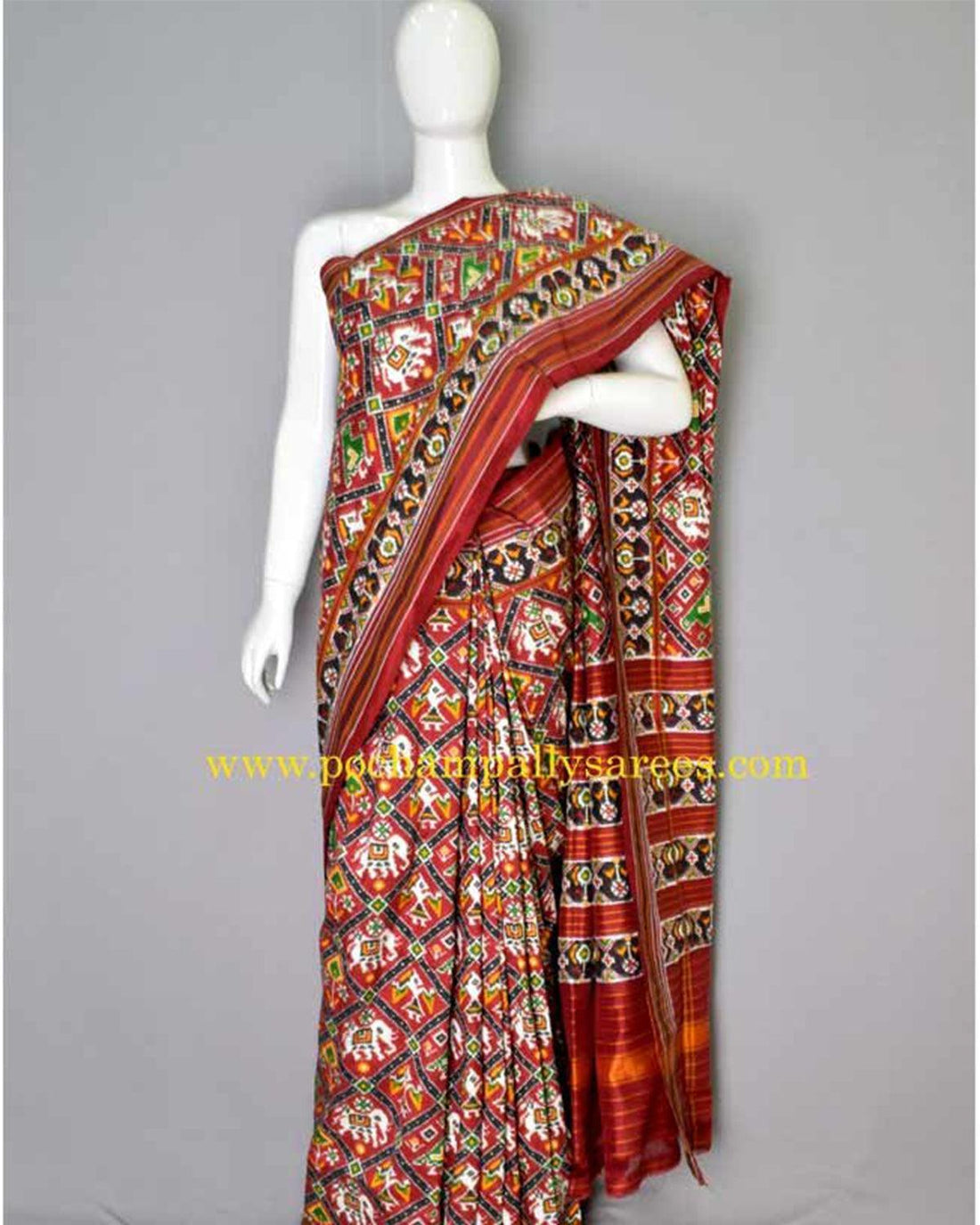DOUBLE IKAT POCHAMPALLY PATAN PATOLA MAROON NARIKUNJ SAREE - pochampallysarees.com