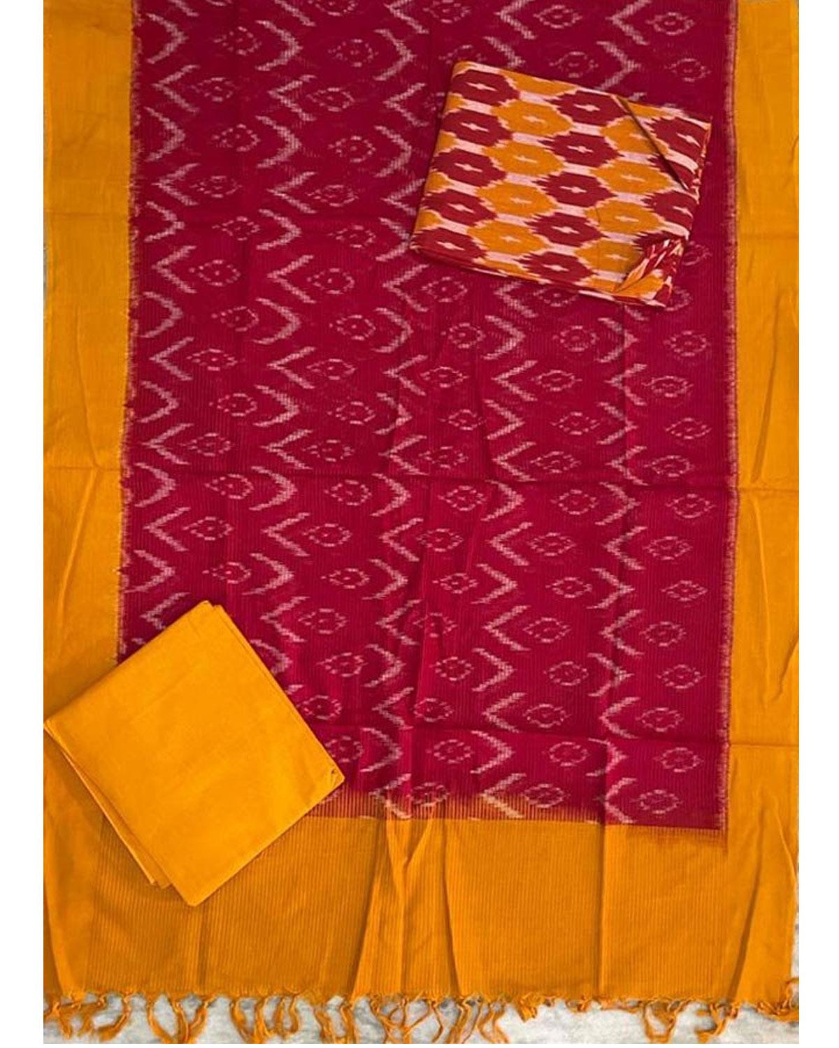 DOUBLE IKAT RED WITH YELLOW COLOR DRESS MATERIAL-B12 - pochampallysarees.com
