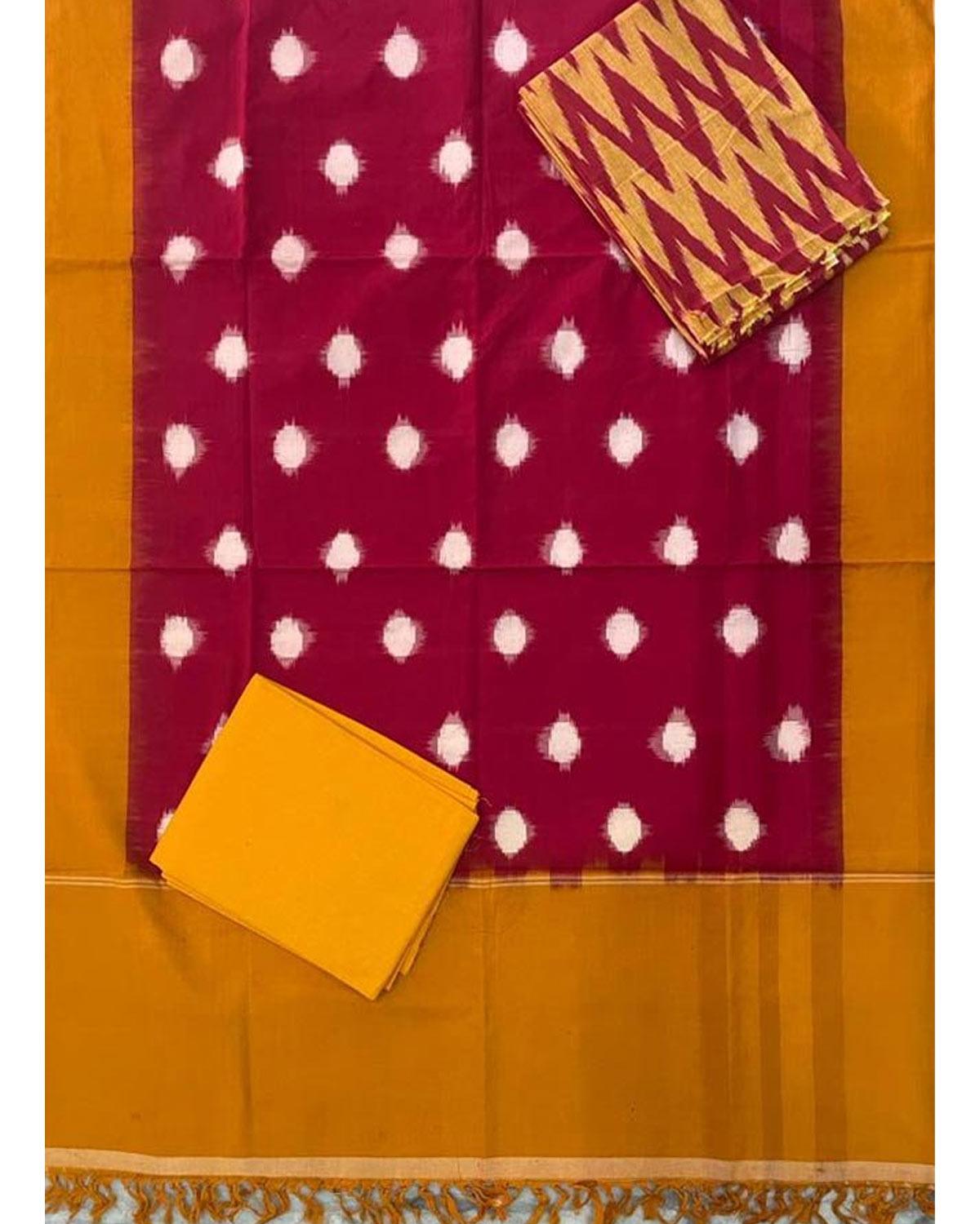 DOUBLE IKAT RED WITH YELLOW COLOR DRESS MATERIAL-B16 - pochampallysarees.com