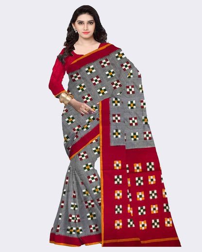 DOUBLE IKAT SOFT COTTON GRAY WITH RED COLOR SAREE - pochampallysarees.com