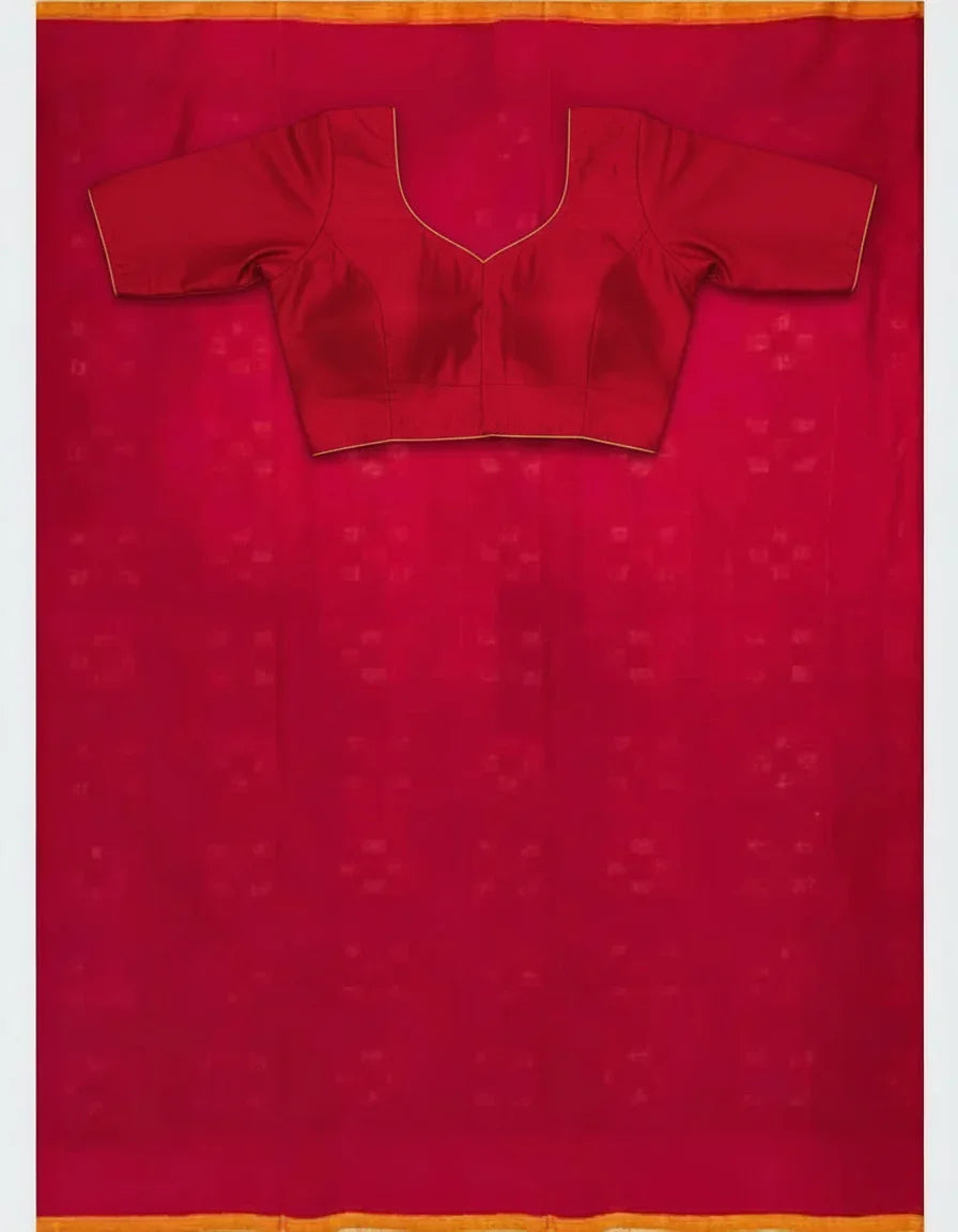 POCHAMPALLY DOUBLE IKKAT COTTON GRAY BODY BORDER PALLU AND BLOUSE RED SARI - pochampallysarees.com