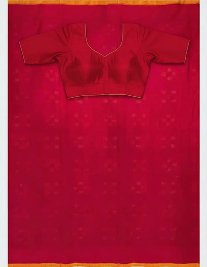 POCHAMPALLY DOUBLE IKKAT COTTON GRAY BODY BORDER PALLU AND BLOUSE RED SARI - pochampallysarees.com