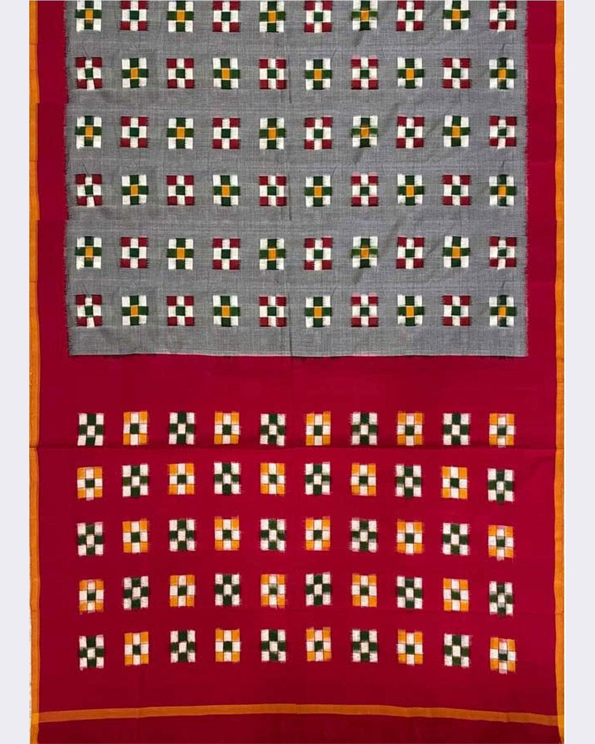 DOUBLE IKAT SOFT COTTON GRAY WITH RED COLOR SAREE - pochampallysarees.com