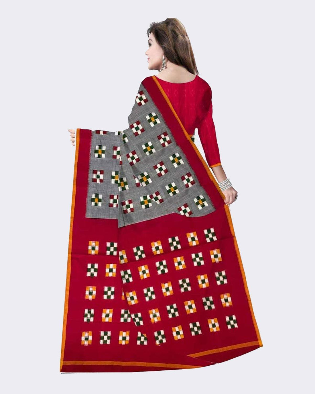 DOUBLE IKAT SOFT COTTON GRAY WITH RED COLOR SAREE - pochampallysarees.com