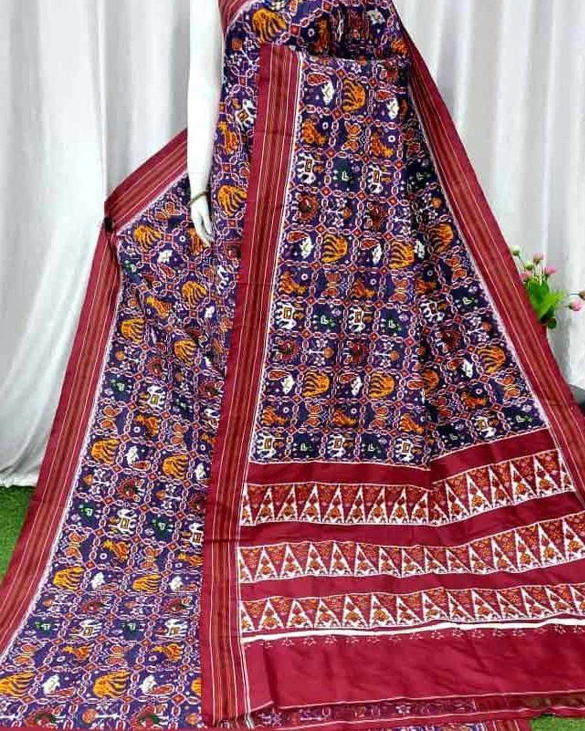 Double Ikkat Patola Blue With Maroon Color Saree - pochampallysarees.com