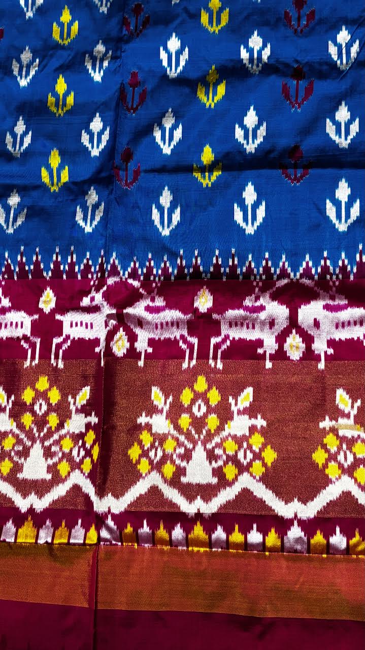 Authentic Blue and Pink Ikat Silk Saree with Zari Border