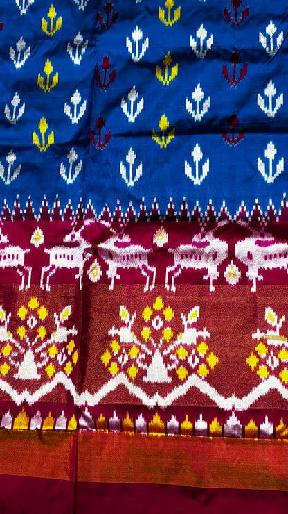 Authentic Blue and Pink Ikat Silk Saree with Zari Border