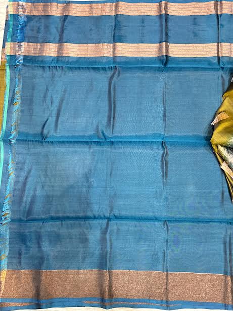 Olive Green &amp; Peacock Blue Handloom Silk Saree with Silver Zari Jaal Pallu