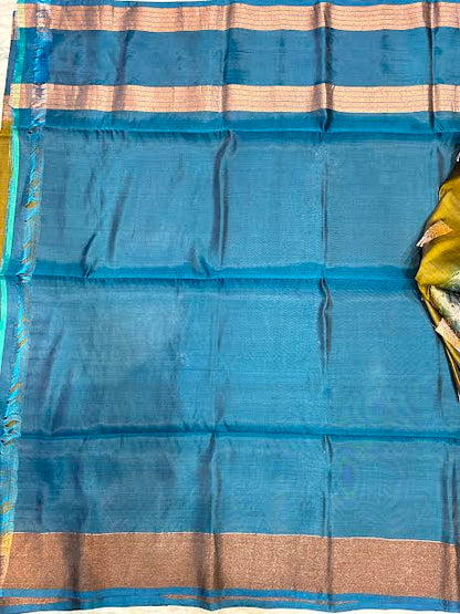Olive Green &amp; Peacock Blue Handloom Silk Saree with Silver Zari Jaal Pallu