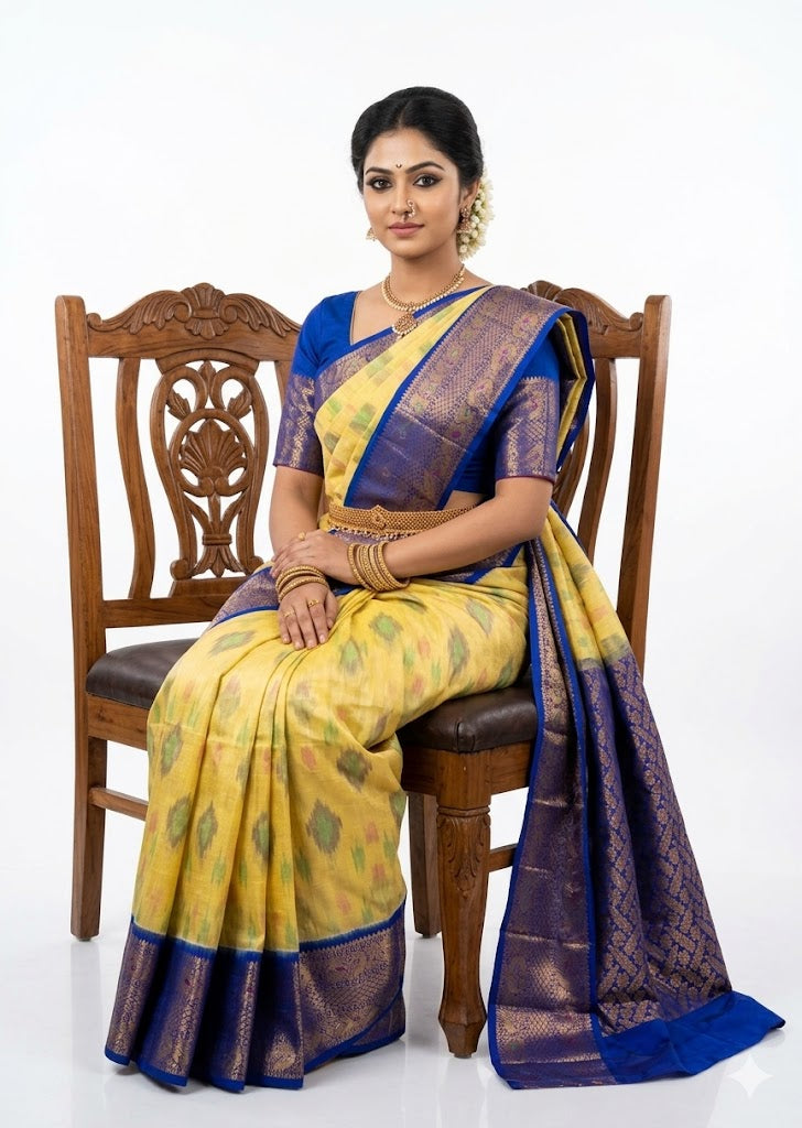 Traditional Yellow Ikat Pattern Silk Saree with Royal Blue Zari Border