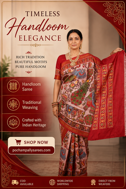 Handcrafted Ikkat Patola Silk Masterpiece Saree with Kalamkari Motif Body &amp; Traditional Pallu