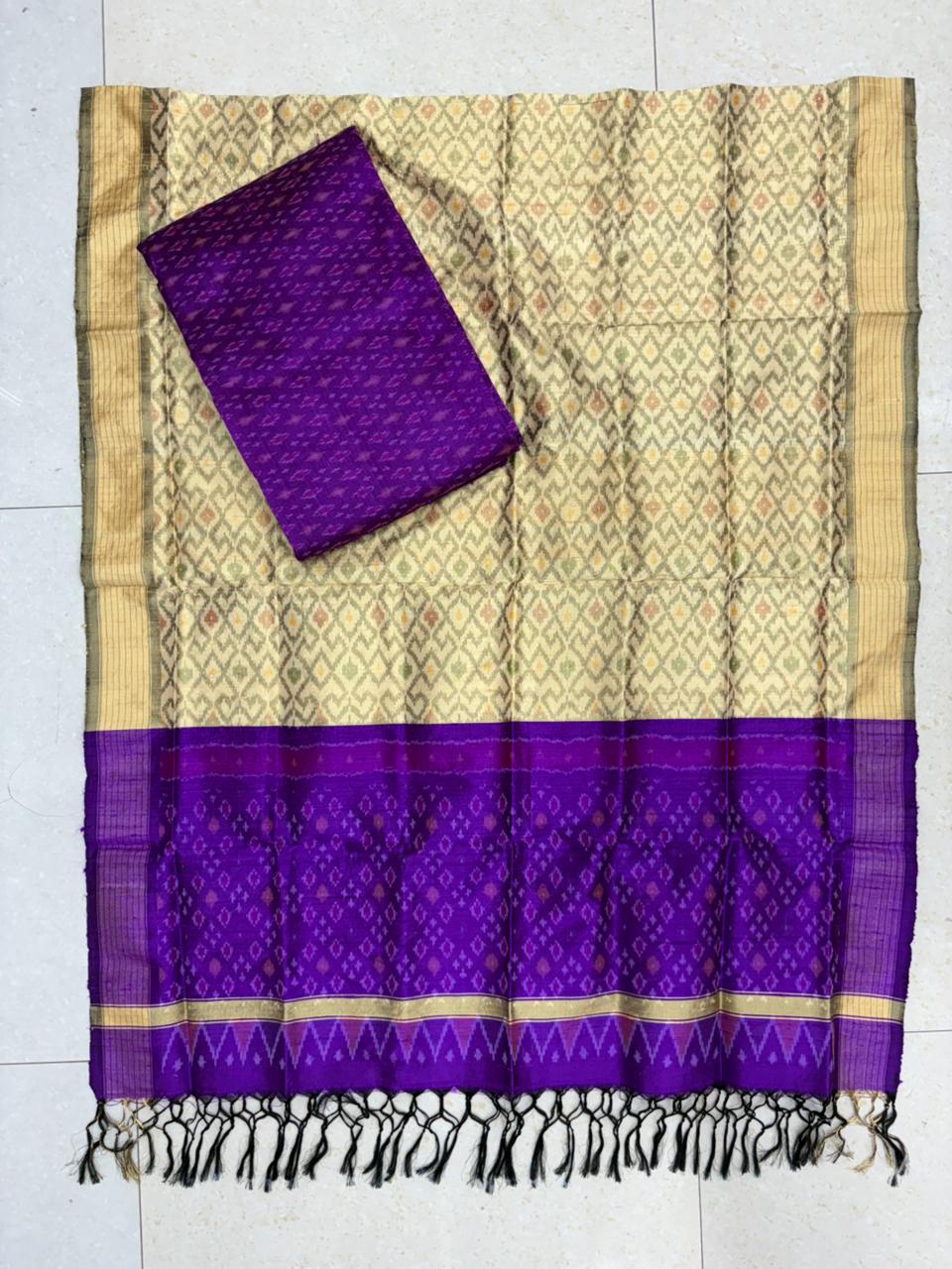 Latest Ikkat Silk Dress Material: Cream &amp; Purple Pochampally Salwar Suit