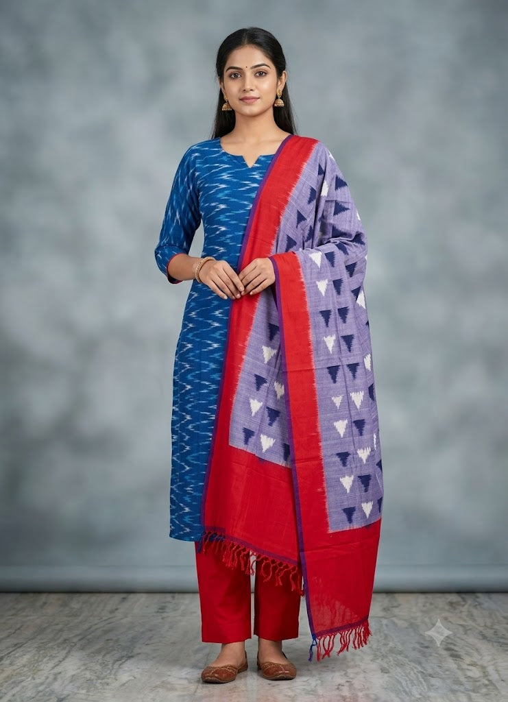 POCHAMPALLY IKKAT COTTON BLUE WITH RED COLOR SUITE - C36