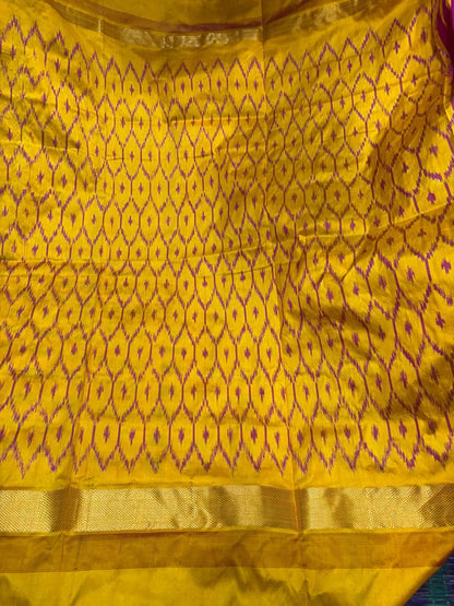 Semi Pochampally Ikat Silk Pink Yellow Sari