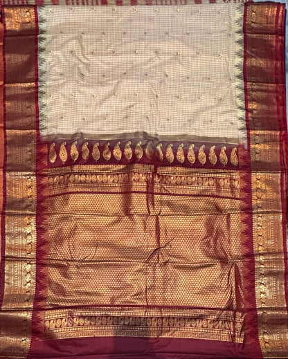 Traditional Gadwal Silk Saree in Cream &amp; Maroon with Elegant Zari Border