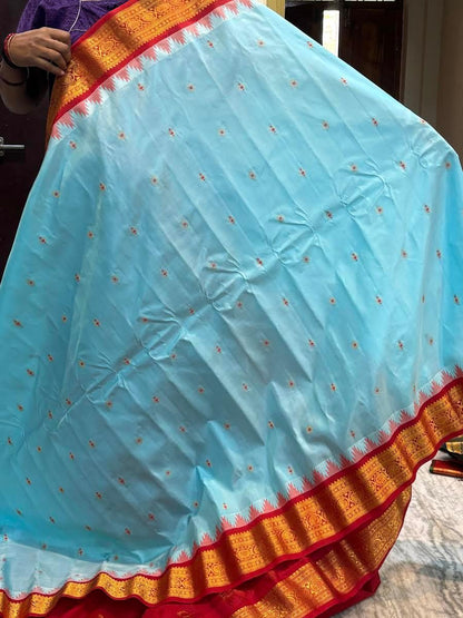 PURE GADWAL SILK BODY BUTTI LIGHT BLUE PALLU RED SMALL BORDER AND BLOUSE RED SAREE - pochampallysarees.com