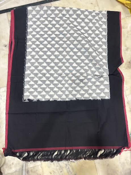 Jet Black &amp; Off-White Handloom Double Ikkat Cotton Dress Material Set with Magenta Piping Dupatta - d31