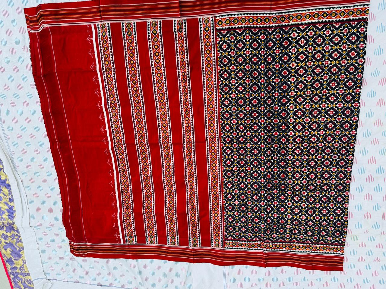 Black and Red Double Ikat Patola Silk Saree - pochampallysarees.com