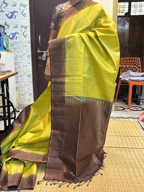 Lime Green Silk Saree with Chocolate Brown Zari Border &amp; Matching Blouse