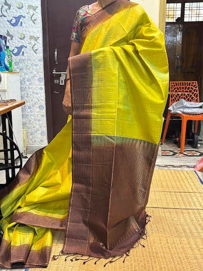 Lime Green Silk Saree with Chocolate Brown Zari Border &amp; Matching Blouse