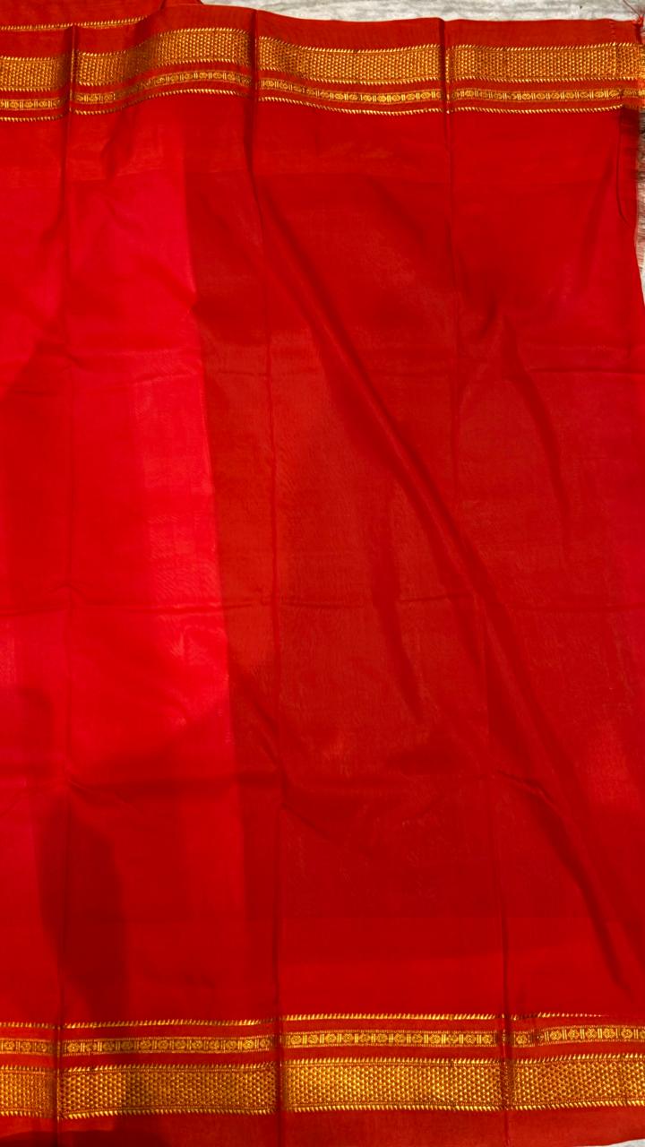 Green Checked Gadwal Silk Saree with Red Pallu &amp; Temple Border