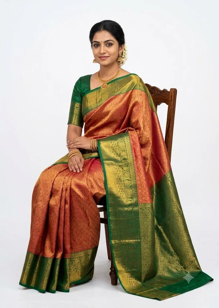 Dharmavaram Pattu Silk Saree – Red & Green - pochampallysarees.com