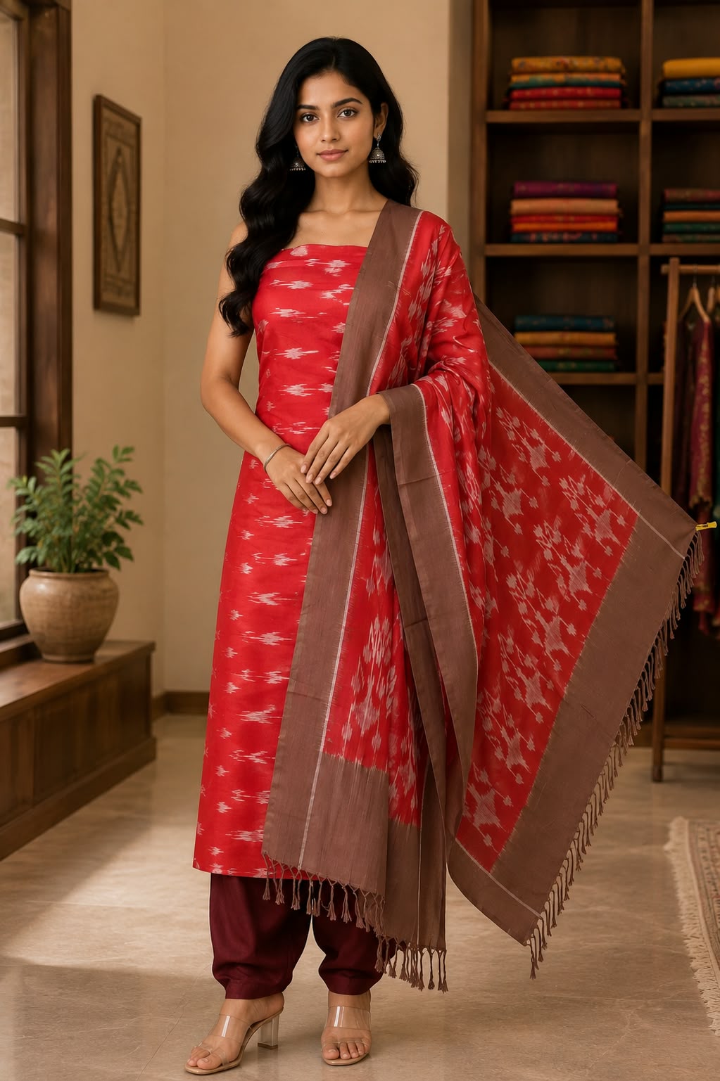 Crimson Red &amp; Deep Wine Handloom Double Ikkat Cotton Dress Material Set