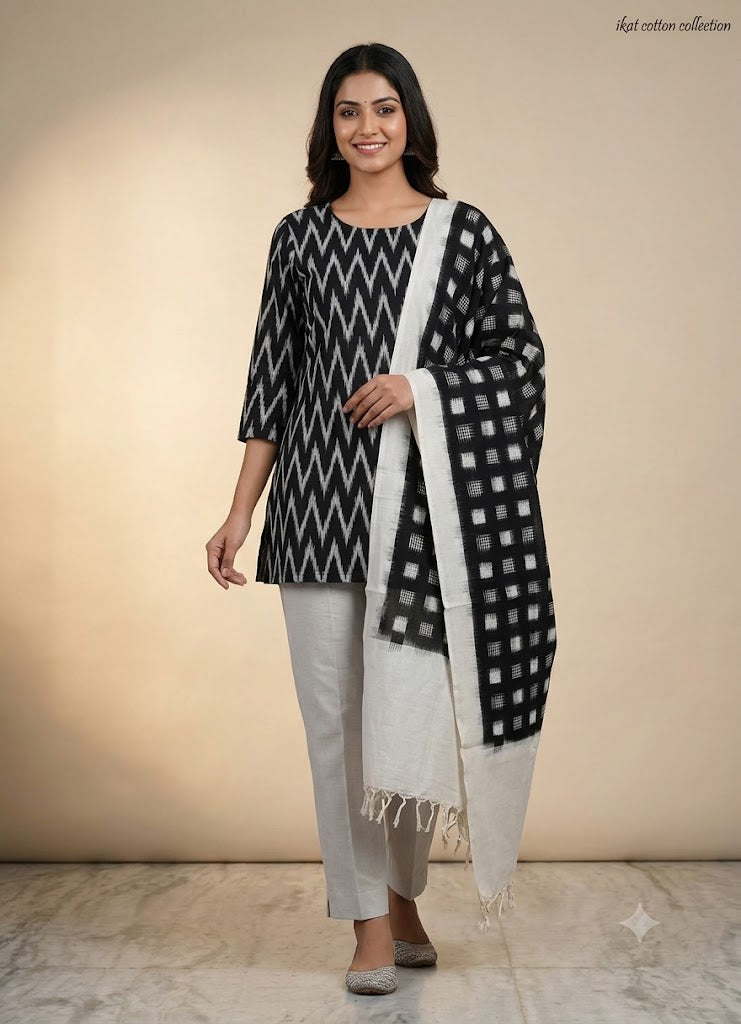 POCHAMPALLY DOUBLE IKKAT COTTON BLACK WITH WHITE COLOR DRESS MATERIAL -C47