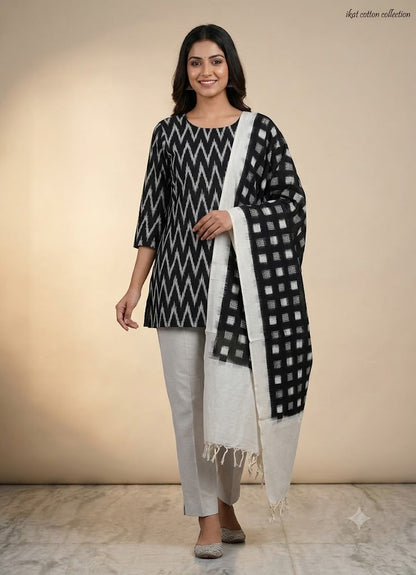 POCHAMPALLY DOUBLE IKKAT COTTON BLACK WITH WHITE COLOR DRESS MATERIAL -C47