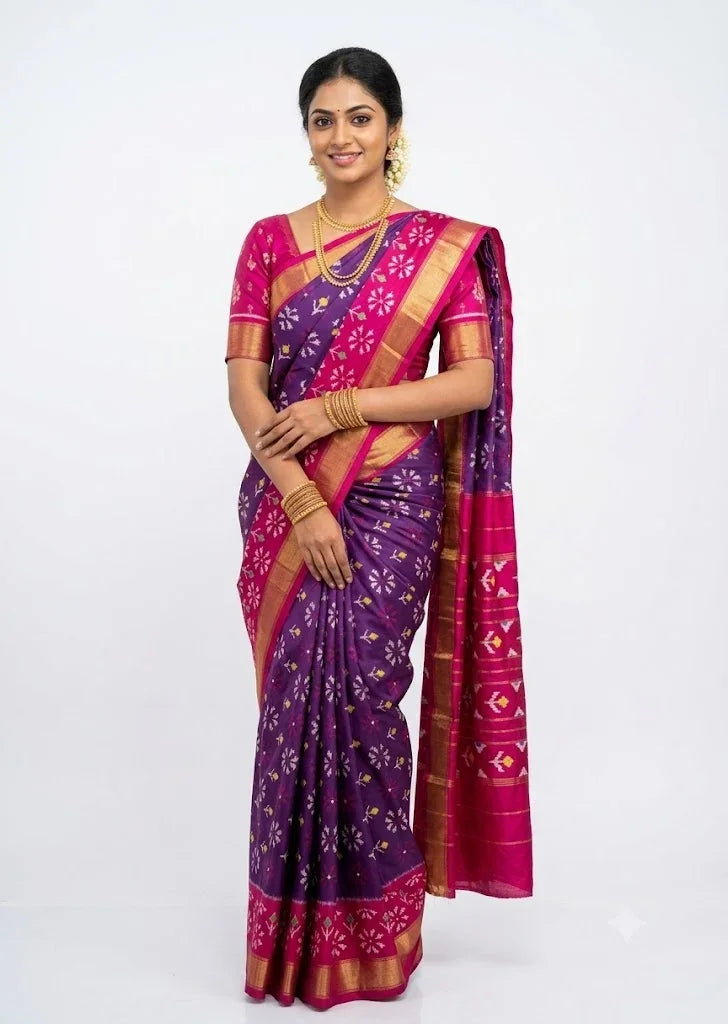 Regal Deep Purple & Pink Ikat Silk Saree with Rich Gold Zari - pochampallysarees.com