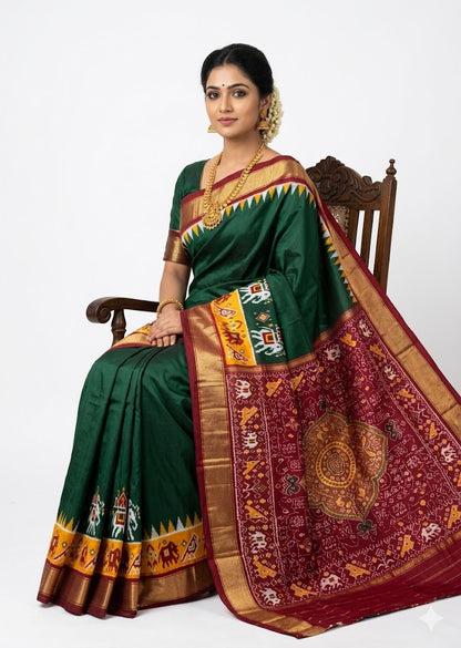 Bottle Green &amp; Maroon Pochampally Ikkat Silk Saree