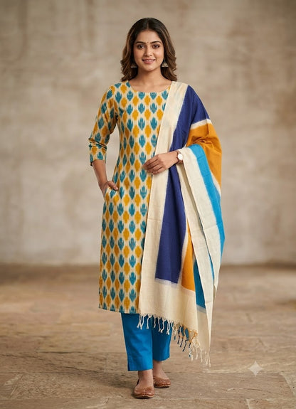 DOUBLE IKAT BLUE AND BROWN COLOR DRESS MATERIALS-B47