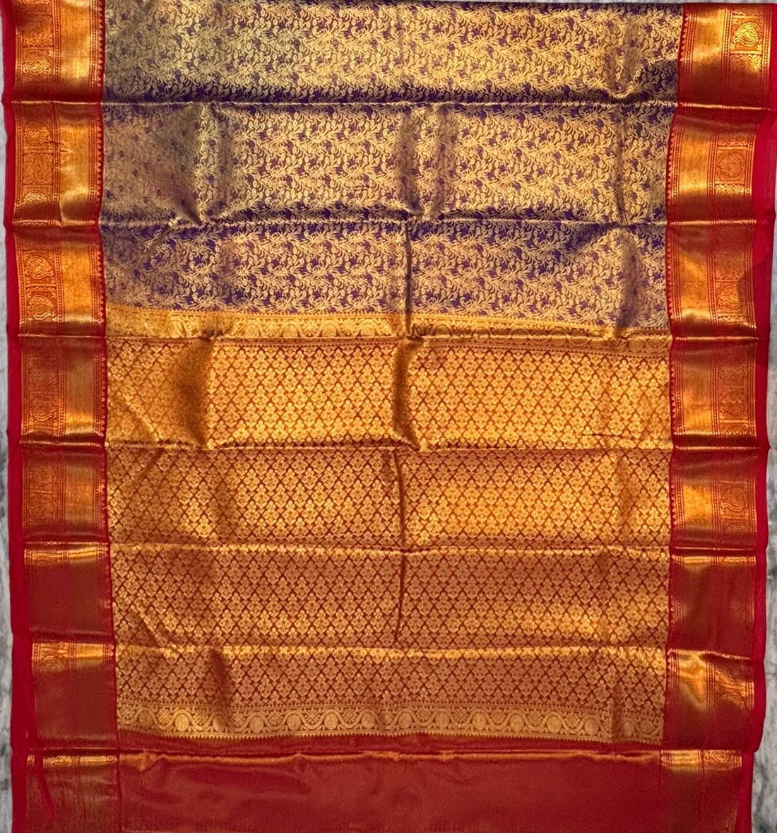 Luxurious Purple Dharmavaram Silk Saree with Gold Zari and Red Accents