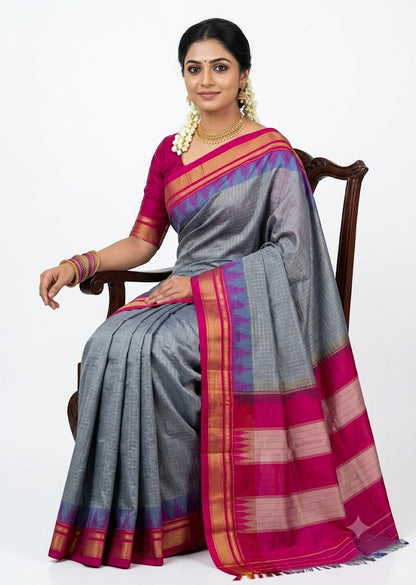 Elegant Gray Gadwal Saree with Vibrant Pink Pallu &amp; Zari Border