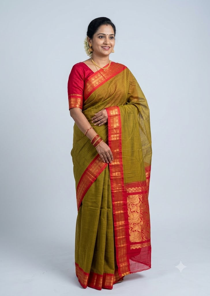 Traditional Mustard Yellow Gadwal Cotton Saree with Red Zari Border gc33