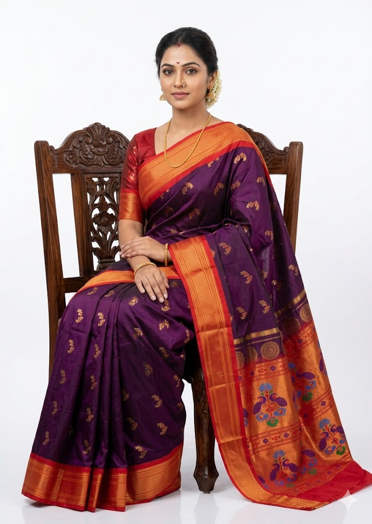 Luxurious Deep Purple Gadwal Silk Saree with Red Peacock Pallu - pochampallysarees.com