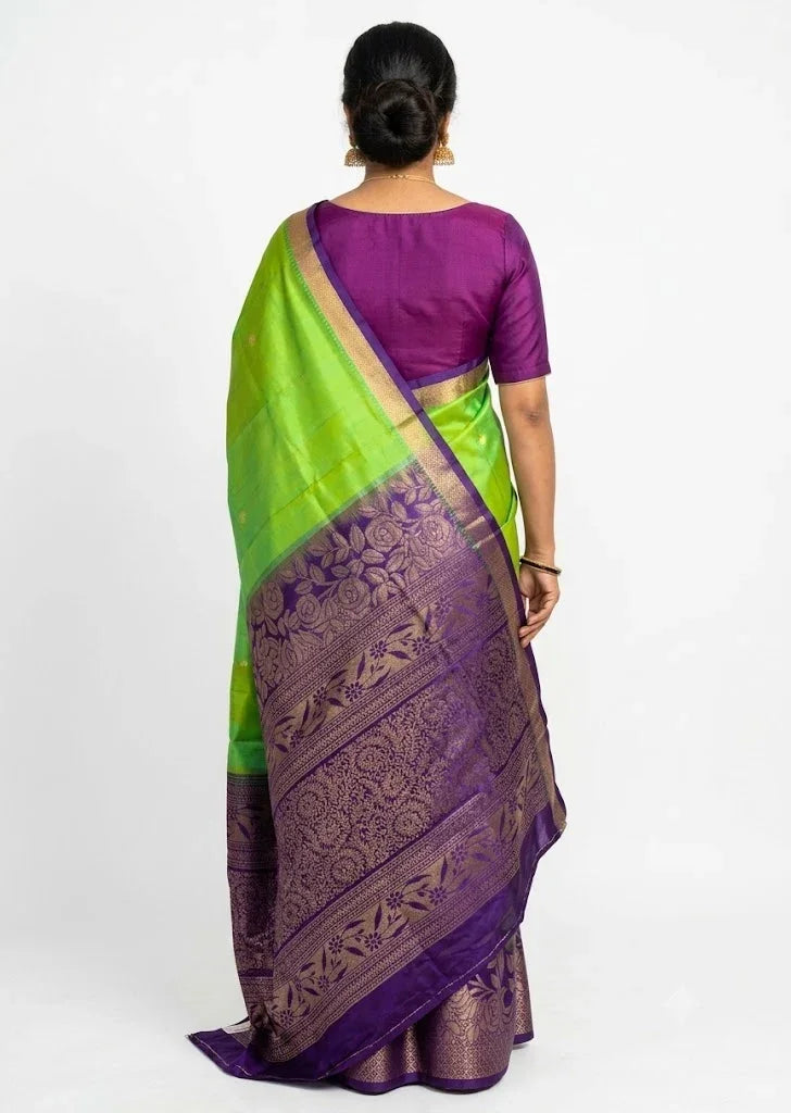Parrot Green and Purple Kanchi Soft Silk Saree with Silk Mark Certification