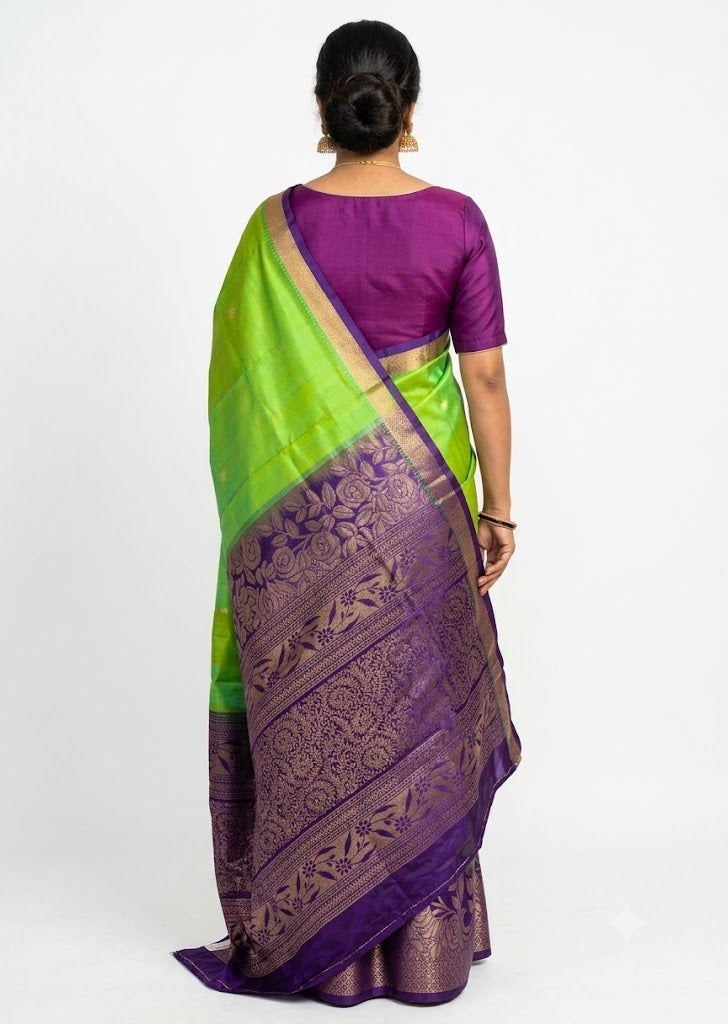 Parrot Green and Purple Kanchi Soft Silk Saree with Silk Mark Certification
