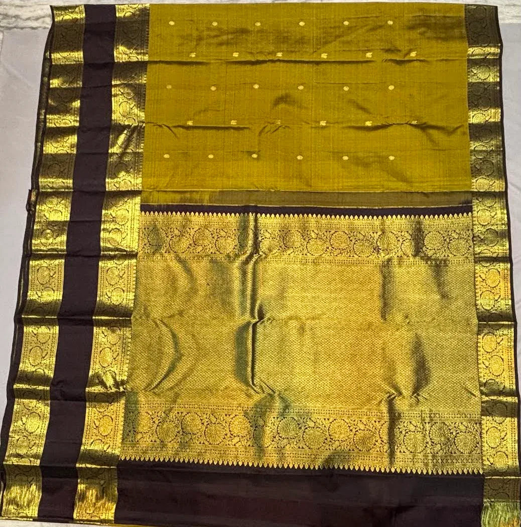 Traditional Olive Green Pure Kanchipuram Pattu Saree with Price Rich Zari Pallu | Bridal Silk - pochampallysarees.com