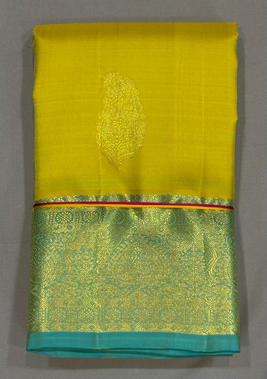 Authentic Green Kanchipuram Pattu Silk Saree with Teal Border - pochampallysarees.com