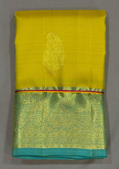 Authentic Green Kanchipuram Pattu Silk Saree with Teal Border - pochampallysarees.com