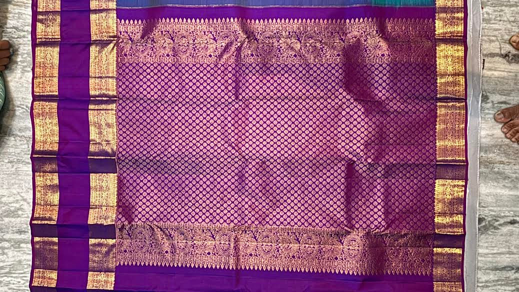 Pure Kanchipuram Pattu Saree in Teal Blue with Royal Purple Zari Pallu