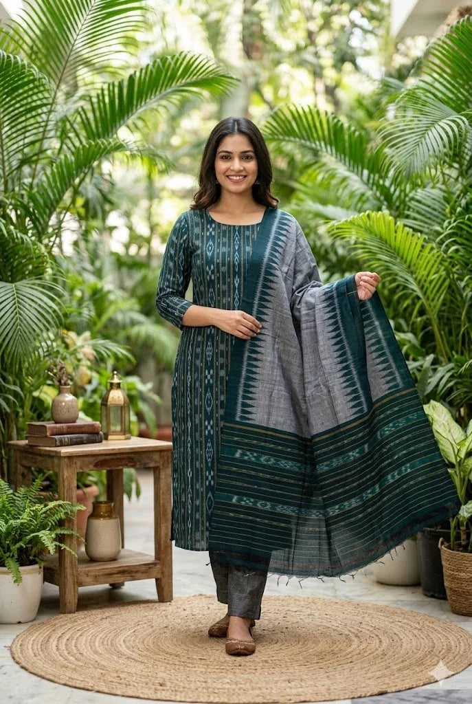 Premium Dark Green & Grey Ikat Cotton Unstitched Suit Material - pochampallysarees.com