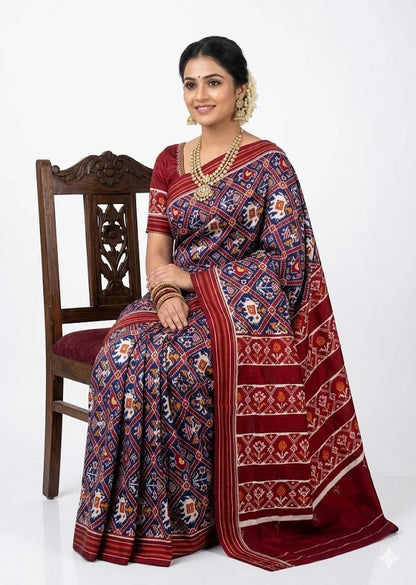 Pure Double Ikat Patola Silk Saree - Navy Blue &amp; Maroon - pochampallysarees.com