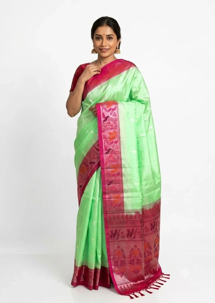 PURE SOFT SILK SAREE BODY GREEN BORDER RED SARI - pochampallysarees.com