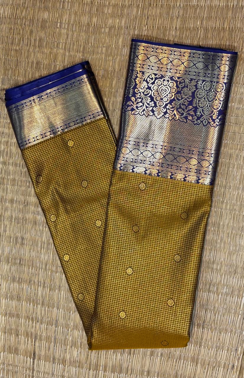 Antique Mustard Gold &amp; Royal Blue Semi Dharmavaram Silk Saree with Zari Checks and Brocade Pallu